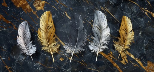 Wall Mural - Wall decoration with feather designs on marble background, 3 panels