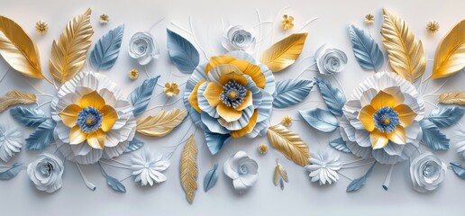 Poster - Panel wall art with feathers and flowers designs on a marble background