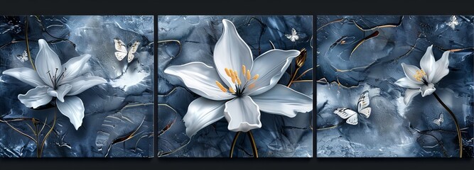 Wall Mural - Marble panel wall art with feather and flower designs, butterfly silhouette, wall decor