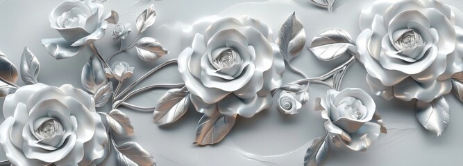 Poster - A three-panel wall art decorated with silver flowers and marble backgrounds