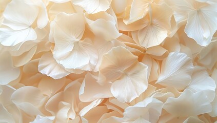 A close-up of delicate, translucent petals in shades of cream and beige, creating an ethereal background for the wedding ceremony decor Generative AI