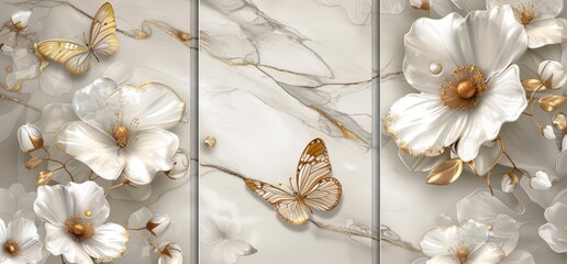 Poster - Wall art decoration, marble background with golden and silver flowers, blue flowers, butterfly silhouette in golden color, 3 panels