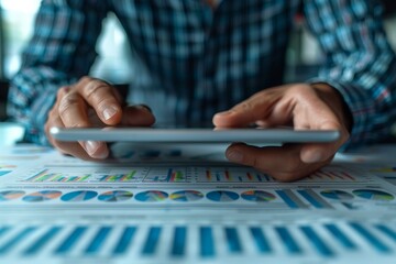 Hands using a tablet with charts and graphs in the background. Business and technology concept.