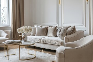 Wall Mural - Close up of white and terracotta pillows on a fabric sofa in a modern French country living room