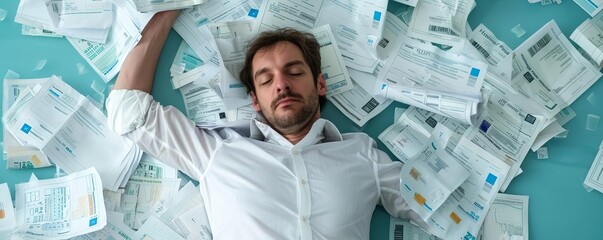 Man drowning in a sea of bills and invoices, representing financial overwhelm