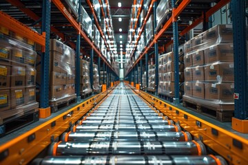 A long perspective shot of a warehouse interior, with a conveyor belt running through the center lined with boxes, illustrating industrial logistics and storage solutions.