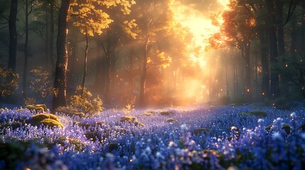 Sticker - Serene forest with a carpet of bluebells sunlight filtering through the trees and gentle clouds creating a peaceful and enchanting atmosphere