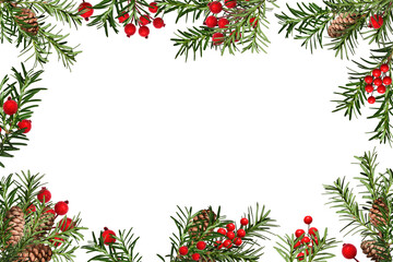 Festive Christmas Frame. Conifer branches with cones are decorated with artificial red berries. Frame isolated on white background, space for text, top view. Overlay background.