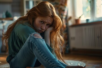 A pensive woman sits on the floor with a contemplative expression