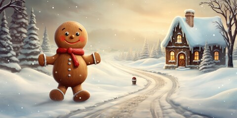 A gingerbread man happily walking with gingerbread house in winter season concept