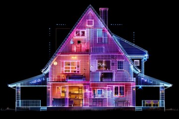 Sticker - Futuristic house blueprint with neon blue and pink elements on a dark background