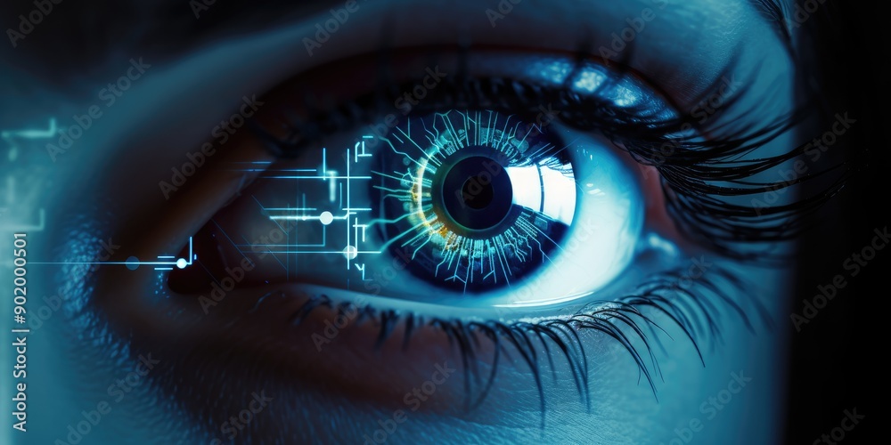 closeup of a human eye with virtual hologram elements for surveillance ...