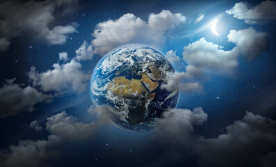 Wall Mural - planet earth surrounded by clouds, the moon and stars in the night sky. fantasy collage on travel, g