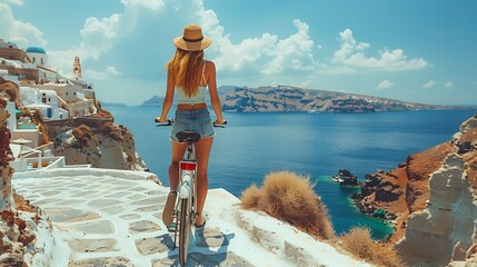 Wall Mural - Solo Hispanic woman cycling along the coastal cliffs of Santorini Greece