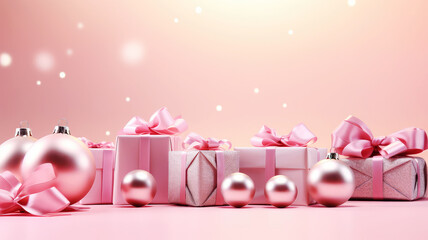 Wall Mural - A festive background with pink Christmas balls and gift boxes on a pink background. A Bright and shiny holiday pink Christmas and New Year backdrop with copy space.