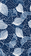 Poster - Elegant and delicate seamless floral pattern featuring indigo blue and white skeleton leaves