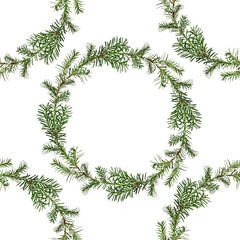 Wall Mural - christmas seamless pattern. wreath of coniferous tree branches isolated on white background. pattern