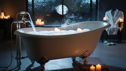 Poster - A bathtub filled with water and candles lit in the background, AI