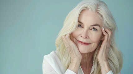 An elegant older woman with white hair smiling at the camera