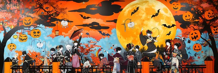 Wall Mural - Vibrant Halloween mural capturing the essence of a Japanese club with members in traditional costumes celebrating under a full moon with lanterns and festive activities