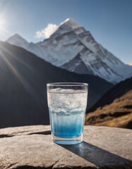 Wall Mural - a glass filled with clean drinking water in the snow, against the background of a beautiful winter landscape, nature with mountains, fresh and cool