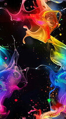 Poster - Vibrant and dynamic visual of colorful liquid paint splashing and blending in abstract form against a dark backdrop