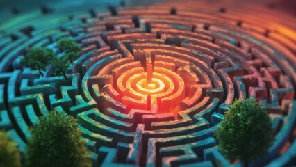 Poster - A maze with a light in the middle surrounded by trees, AI