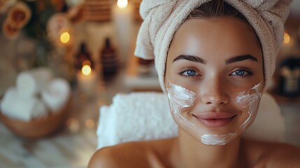 Wall Mural - Woman enjoying a facial treatment at a luxurious spa surrounded by calming decor and professional skincare products highlighting relaxation and selfcare