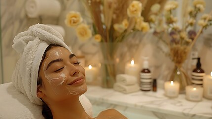 Wall Mural - Woman enjoying a facial treatment at a luxurious spa surrounded by calming decor and professional skincare products highlighting relaxation and selfcare