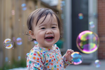 Wall Mural - A baby is standing in front of a fence with bubbles in the air