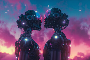 Poster - Two robots are standing next to each other in a purple sky