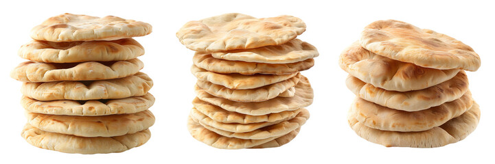 Set of neatly stacked pile of freshly baked pita bread isolated on transparent background