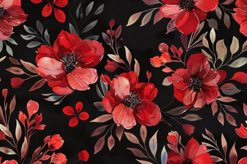 Wall Mural - A black and red floral pattern with red flowers