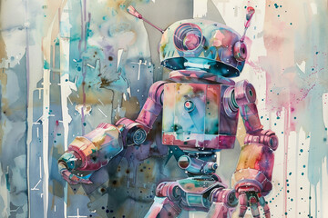Poster - A robot is sitting on a rock with a clock on its head