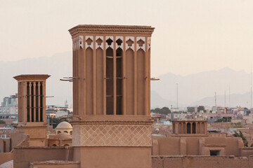 A wind catcher or ventilation tower made with adobes, a genius way to cool down the heat of hot summers with power of nature. Yazd, Iran.