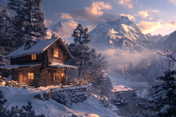 Wall Mural - A cabin in the woods with a mountain in the background