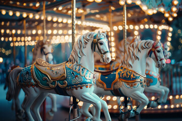 Two white horses on carousel rides