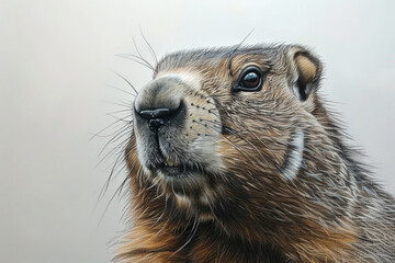 A close up of a squirrel's face with a brown and white fur