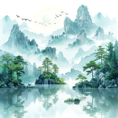 Wall Mural - A serene mountain landscape with a lake and trees.