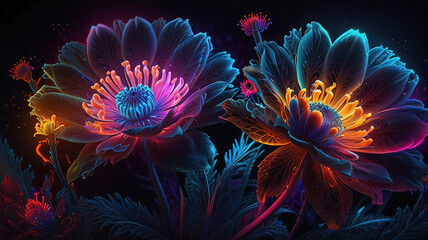 Wall Mural - Bright neon glowing flowers with intricate patterns set against a dark background create a mesmerizing abstract piece of art.