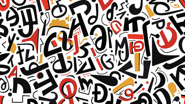 A colorful image of letters and numbers with a red and yellow background