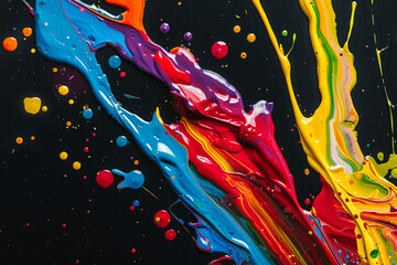 Wall Mural - A painting of a rainbow with splatters of paint on a black background