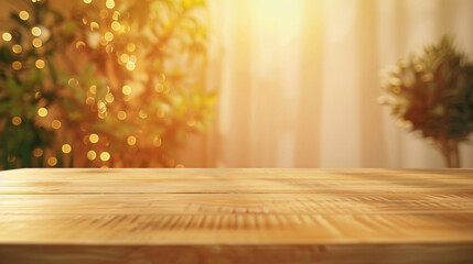 Empty beautiful wood tabletop counter with views of orange trees in the background