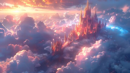 Sticker - Enchanted castle floating in the sky with towers reaching above the clouds connected by rainbow bridges creating a fantastical and magical atmosphere