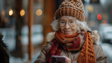 Sticker - Elderly European woman using a mobile device for online banking smiling isolated on white representing financial technology and digital convenience