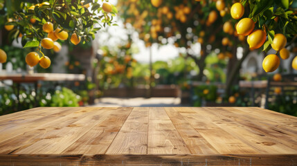 Poster - Empty beautiful wood tabletop counter with views of orange trees in the background