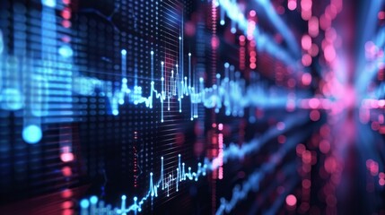 Poster - A computer screen shows a series of blue and red lines that form a pattern