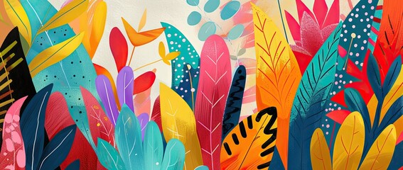 Wall Mural - A composition of vibrant, abstract plant shapes with exaggerated features and playful patterns, set against an isolated pastel background Generative AI