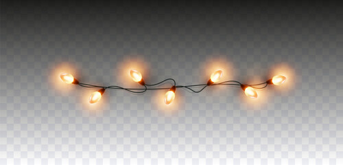 Wall Mural - Lights bulbs border isolated on transparent background. Glowing fairy Christmas garland string. Vector New Year party led lamps decoration