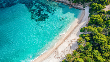 Wall Mural - A beautiful beach with a clear blue ocean and trees in the background.